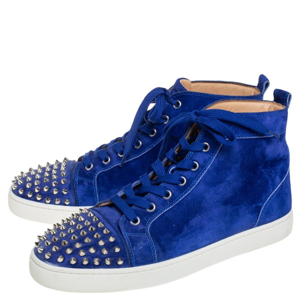 Christian Louboutin Blue Suede Lou Spikes High Top Sneakers Size 42.5 In Good Condition In Dubai, Al Qouz 2