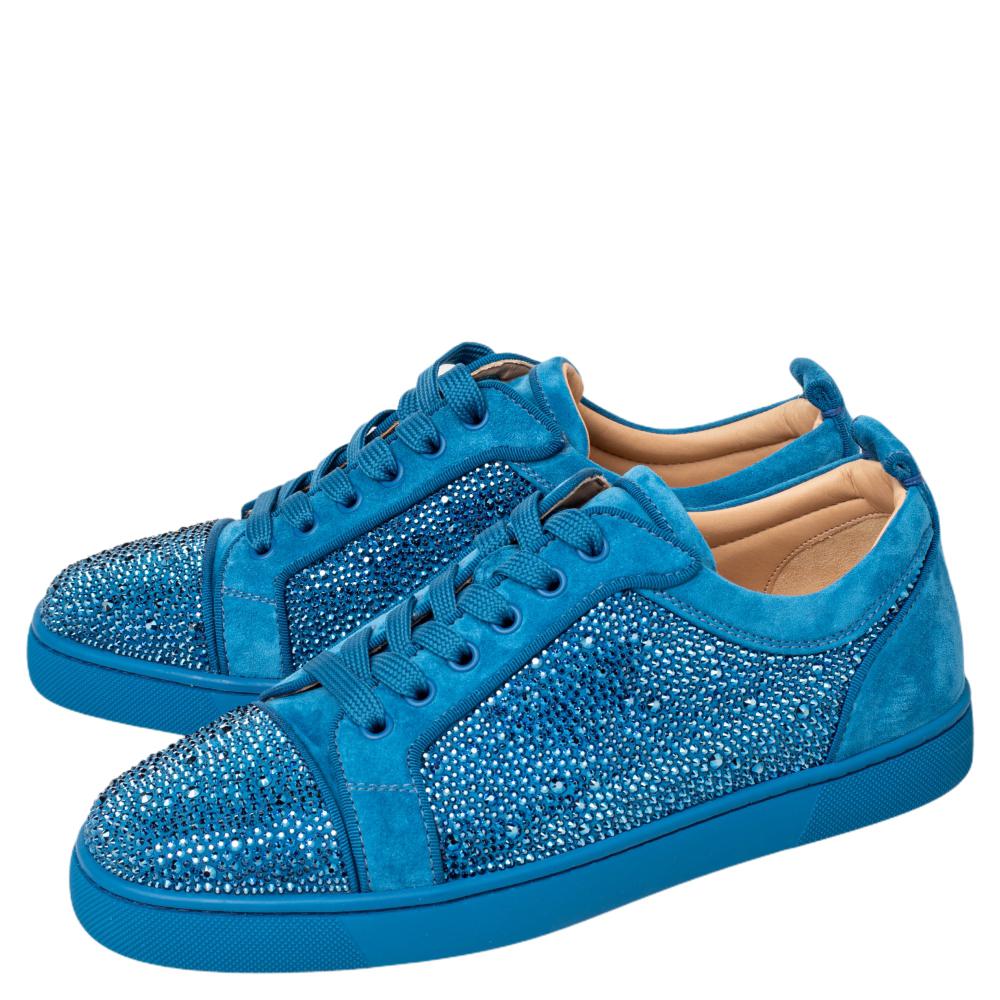 Men's Christian Louboutin Blue Suede Louis Junior Strass Low Top Sneakers Size 40