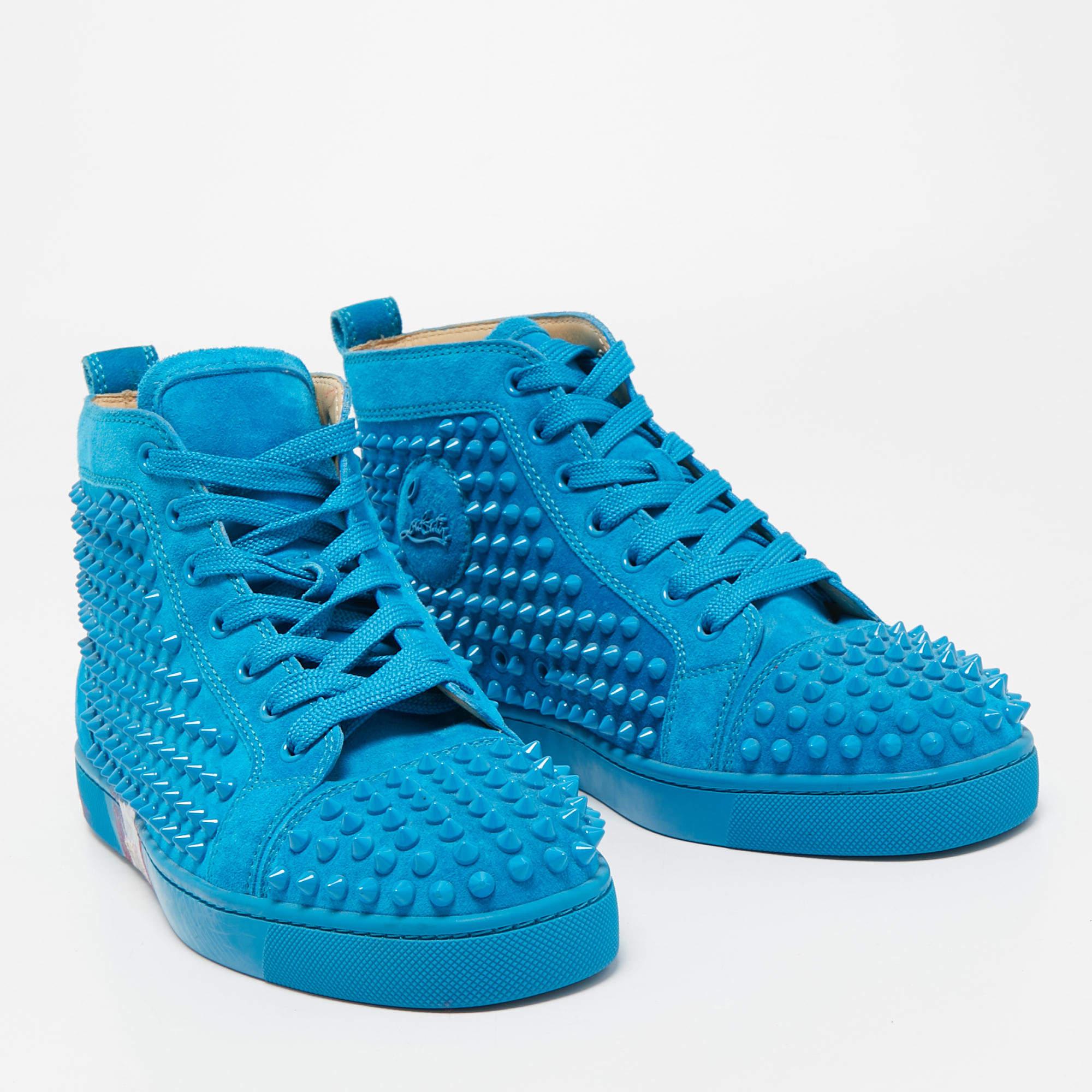 Christian Louboutin Blue Suede Louis Spike High Top Sneakers Size 39.5 In New Condition In Dubai, Al Qouz 2