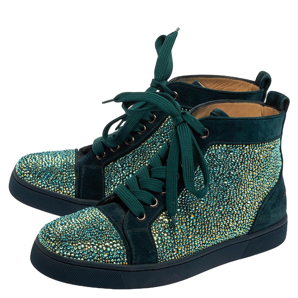 Christian Louboutin Blue Suede Louis Strass High Top Sneakers Size 37 In Good Condition In Dubai, Al Qouz 2