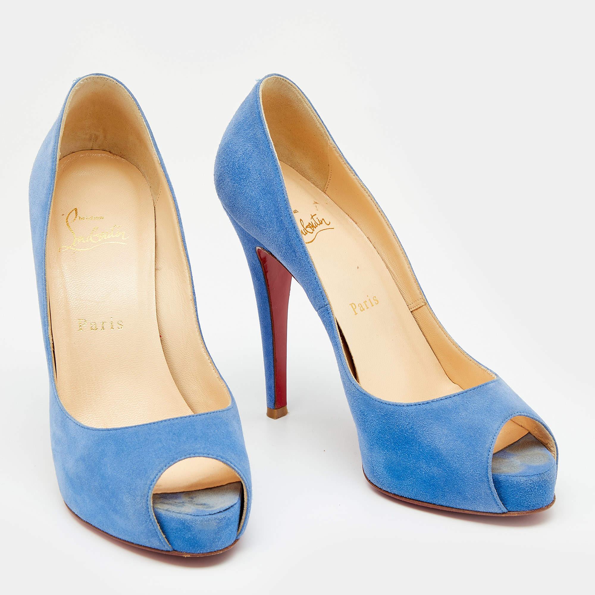 Christian Louboutin Blue Suede New Very Prive Peep Toe Pumps Size 36.5 For Sale 1