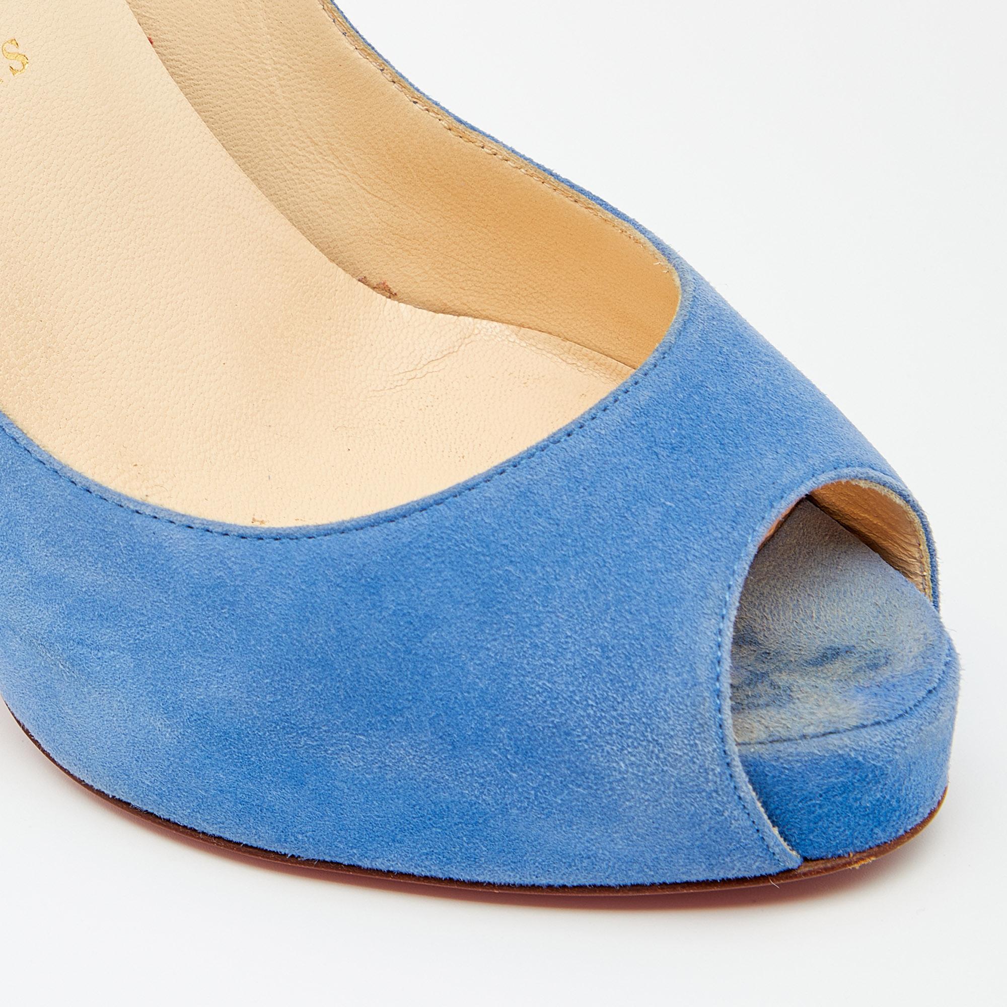 Christian Louboutin Blue Suede New Very Prive Peep Toe Pumps Size 36.5 In Good Condition For Sale In Dubai, Al Qouz 2