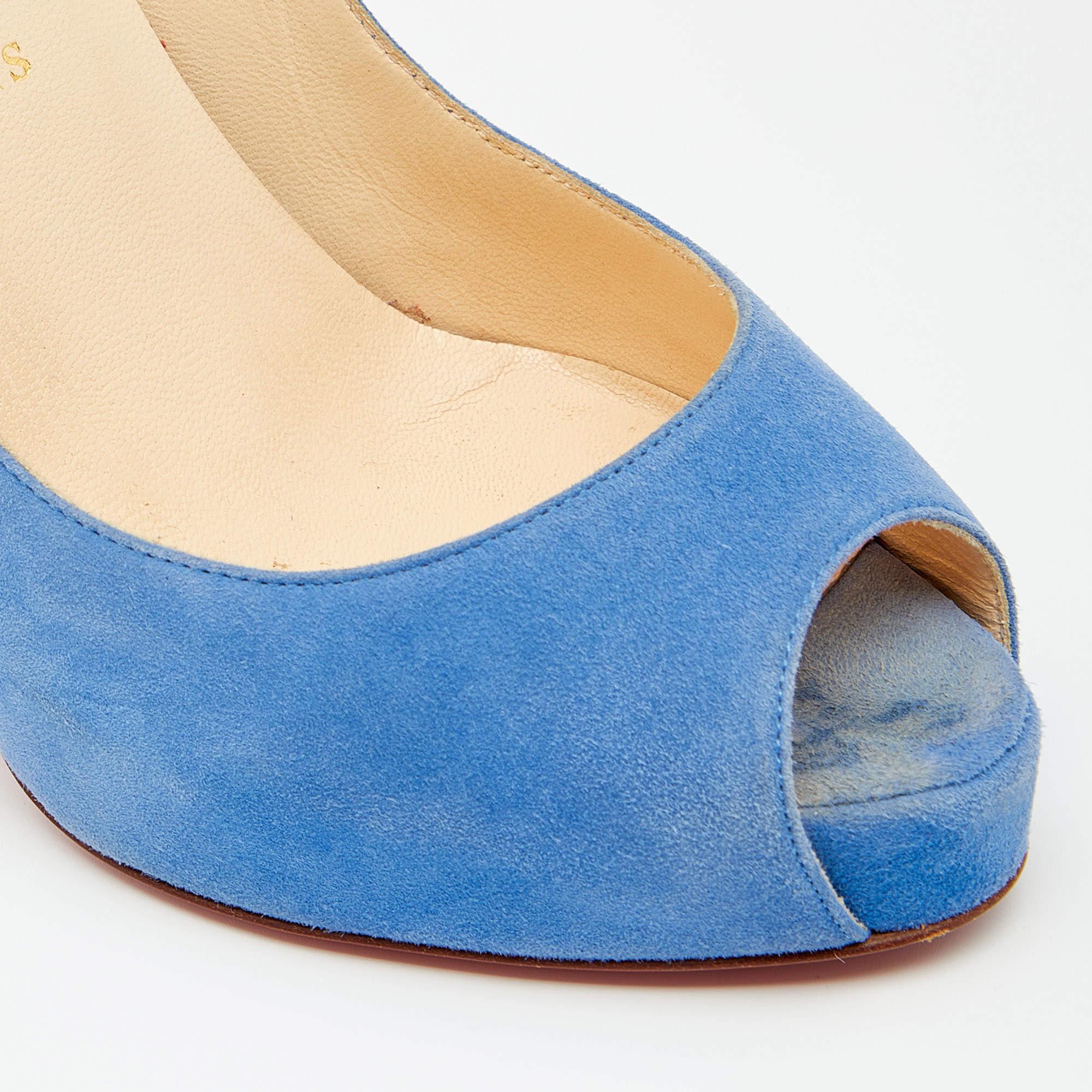 Christian Louboutin Blue Suede New Very Prive Peep Toe Pumps Size 36.5 For Sale 2