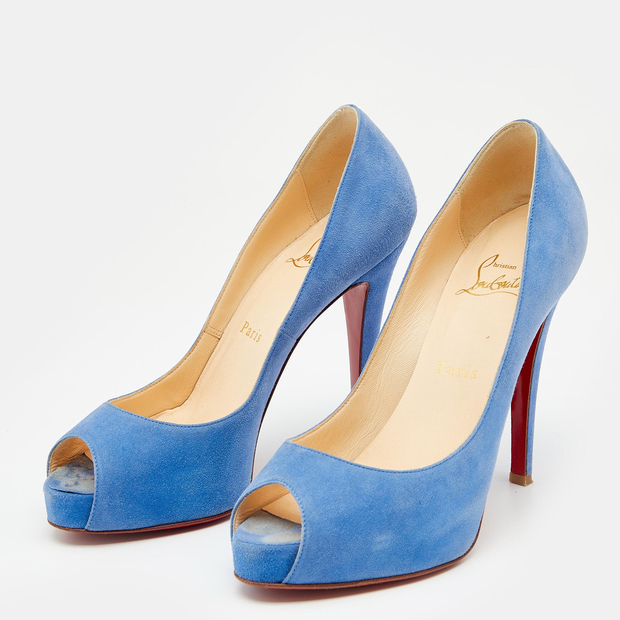 Women's Christian Louboutin Blue Suede New Very Prive Peep Toe Pumps Size 36.5 For Sale
