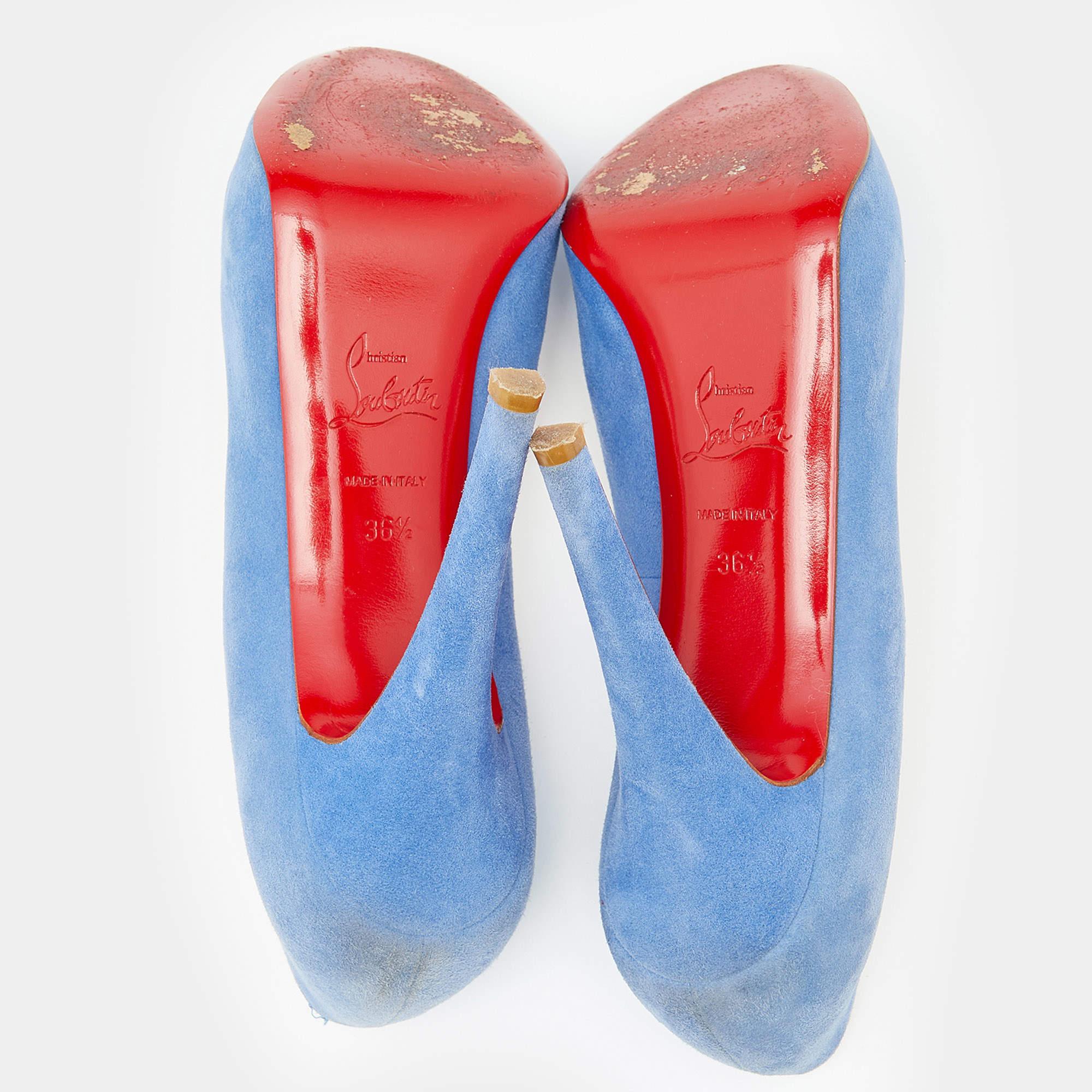 Christian Louboutin Blue Suede New Very Prive Peep Toe Pumps Size 36.5 For Sale 3