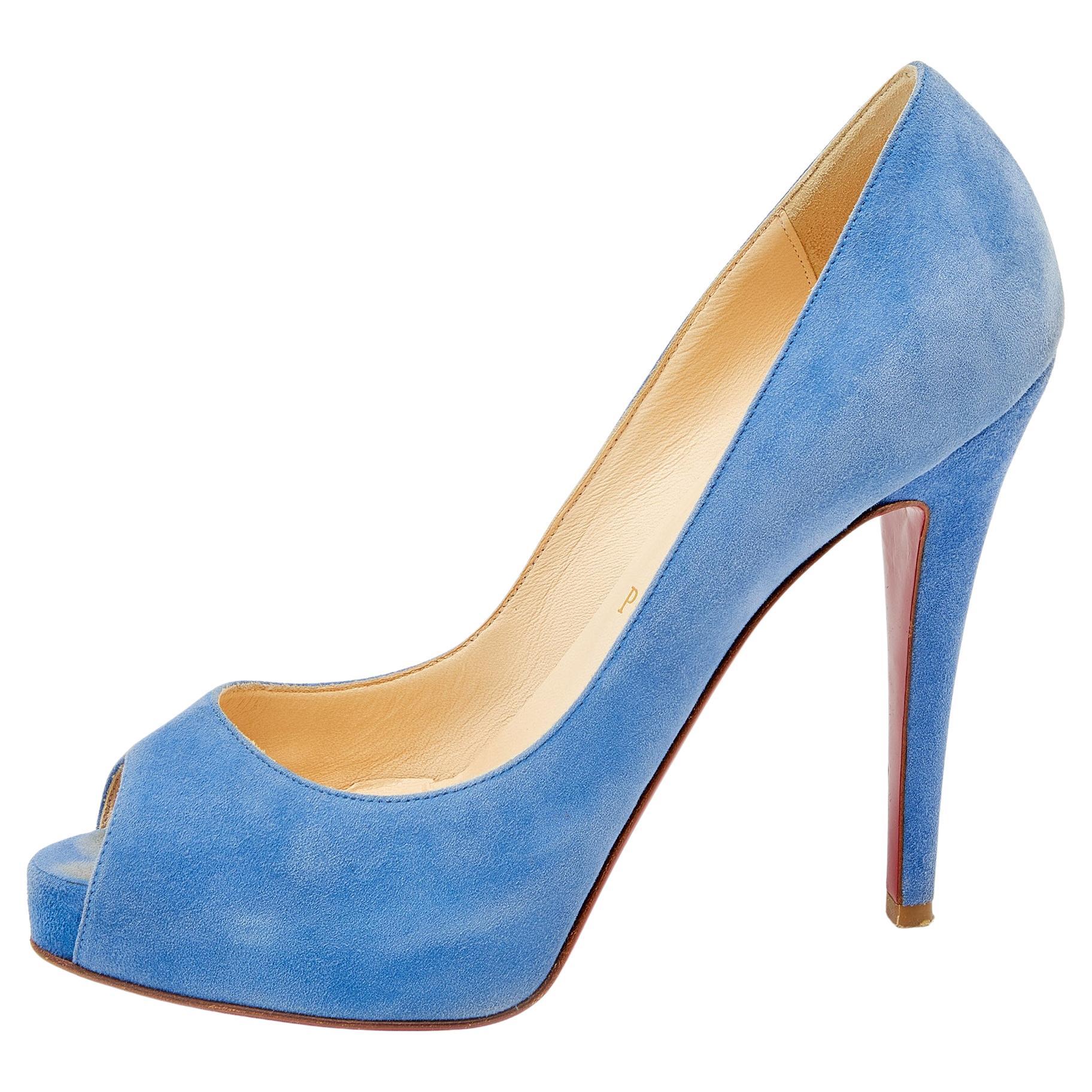 Christian Louboutin Blue Suede New Very Prive Peep Toe Pumps Size 36.5 For Sale
