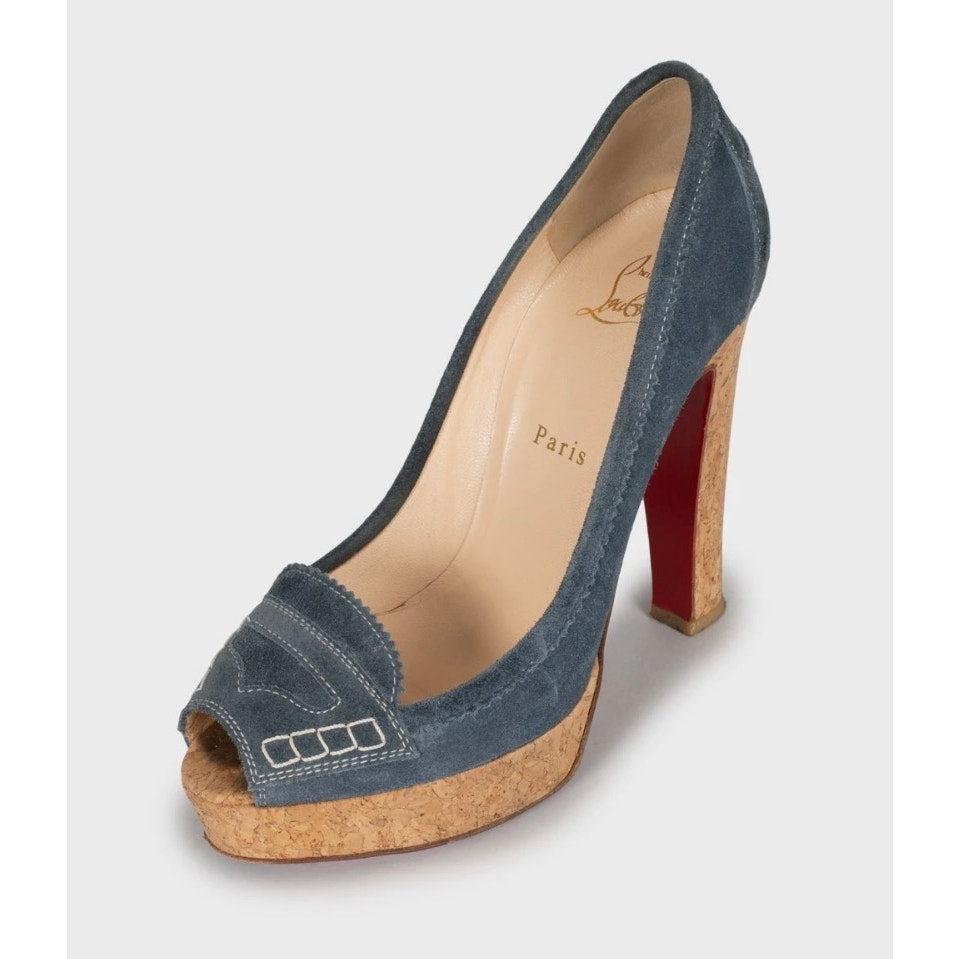 Christian Louboutin Blue Suede Peep-Toe Pumps - Size 39 Gris en venta