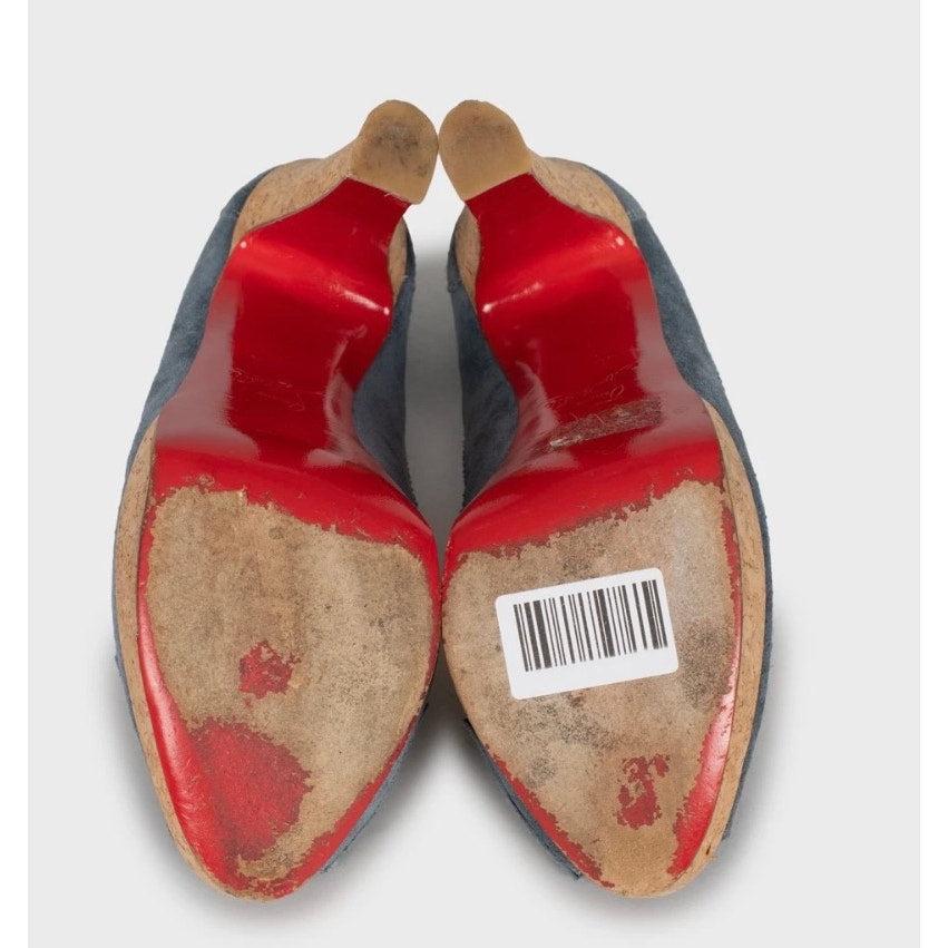 De las mujeres Christian Louboutin Blue Suede Peep-Toe Pumps - Size 39 en venta
