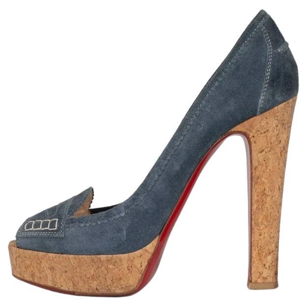 Christian Louboutin Blue Suede Peep-Toe Pumps - Size 39