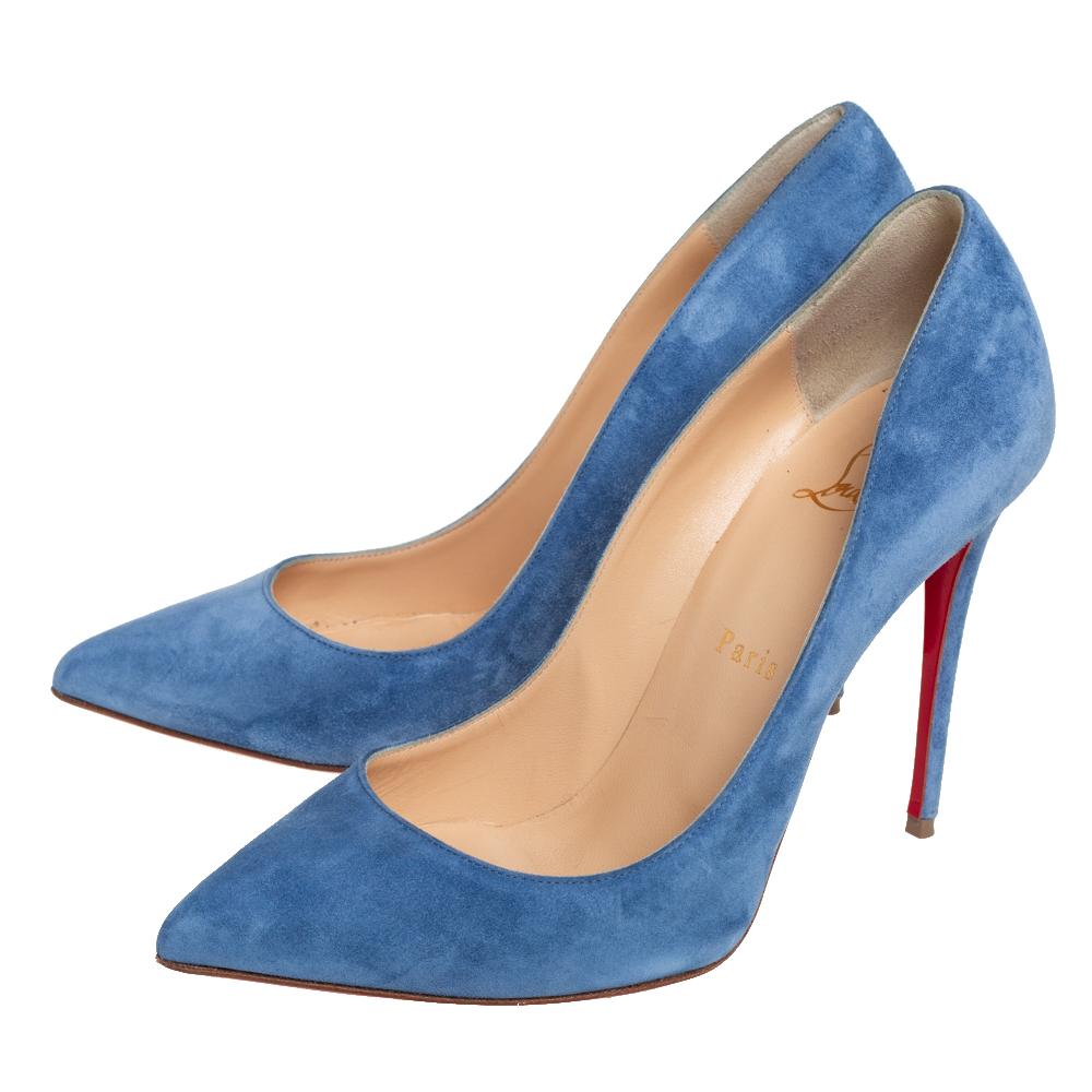 Christian Louboutin Blue Suede Pigalle Follies Pumps Size 37.5 In Good Condition In Dubai, Al Qouz 2