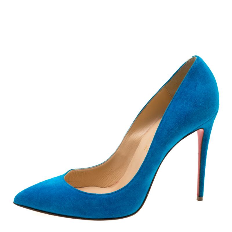 Add a hint of glam to your look with these Christian Louboutin pumps. Crafted from suede, these blue pumps carry a pointed toe design and come equipped with comfortable insoles and stiletto heels. This pair is just what you need to take your style