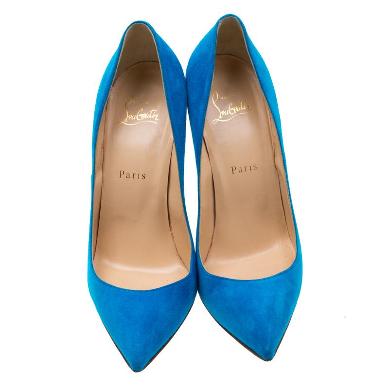 Christian Louboutin Blue Suede Pointed Toe Pumps Size 39 In Good Condition In Dubai, Al Qouz 2
