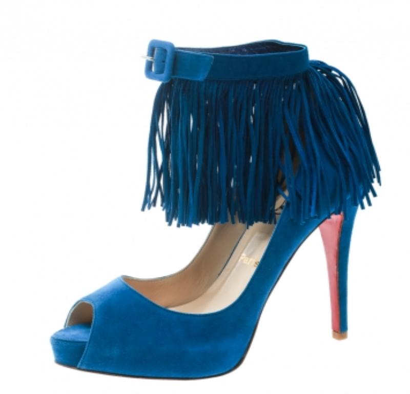 Christian Louboutin Blau Wildleder Tina Fransen Riemchen Peep Toe Pumps Größe 37 Damen im Angebot