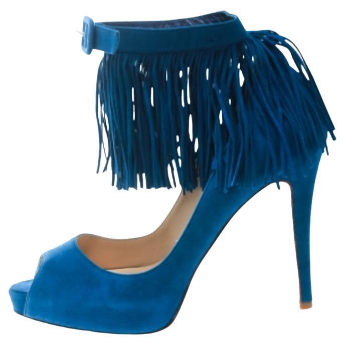 Christian Louboutin Blau Wildleder Tina Fransen Riemchen Peep Toe Pumps Größe 37 im Angebot