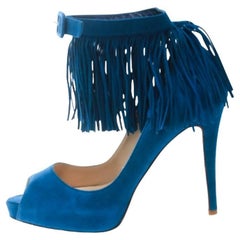 Christian Louboutin Blue Suede Tina Fringe Ankle Strap Peep Toe Pumps Size 37