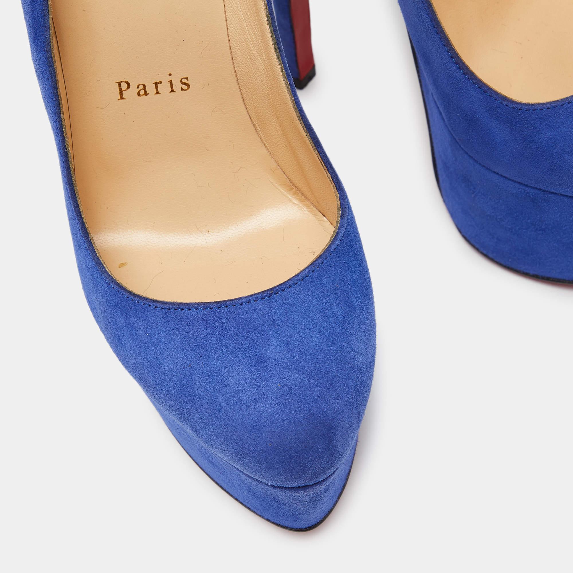 Christian Louboutin - Escarpins à plateforme Victoria en daim bleu, taille 36 en vente 2