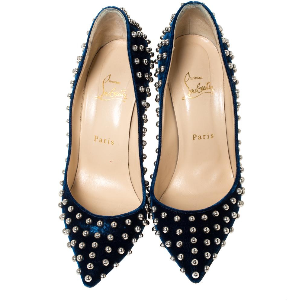 Christian Louboutin Blue Velvet Eclipse Billy Studded Pumps Size 38 at ...