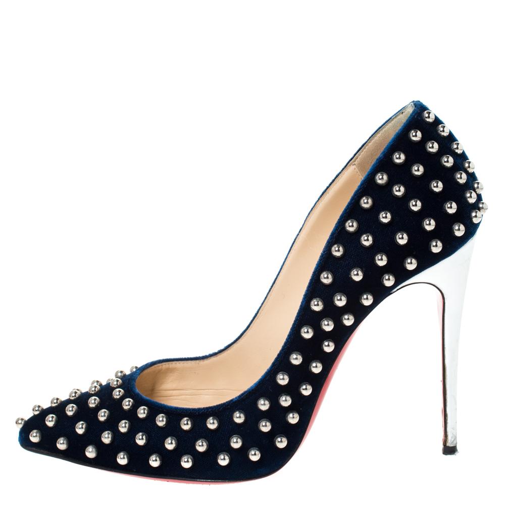 Christian Louboutin Blue Velvet Eclipse Billy Studded Pumps Size 38 at ...