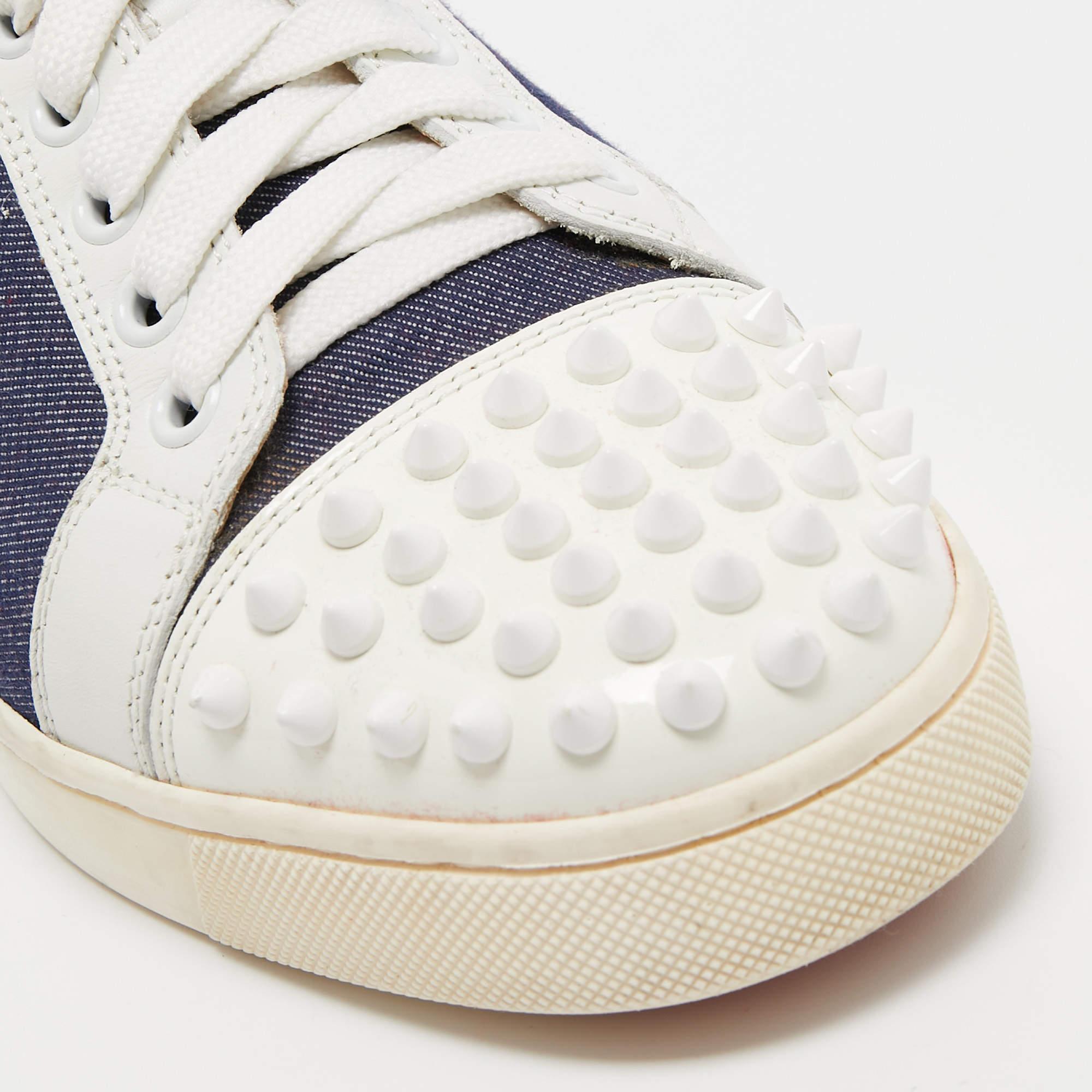 Christian Louboutin Blue/White Denim and Leather Spikes Low Top Sneakers Size 37 For Sale 1