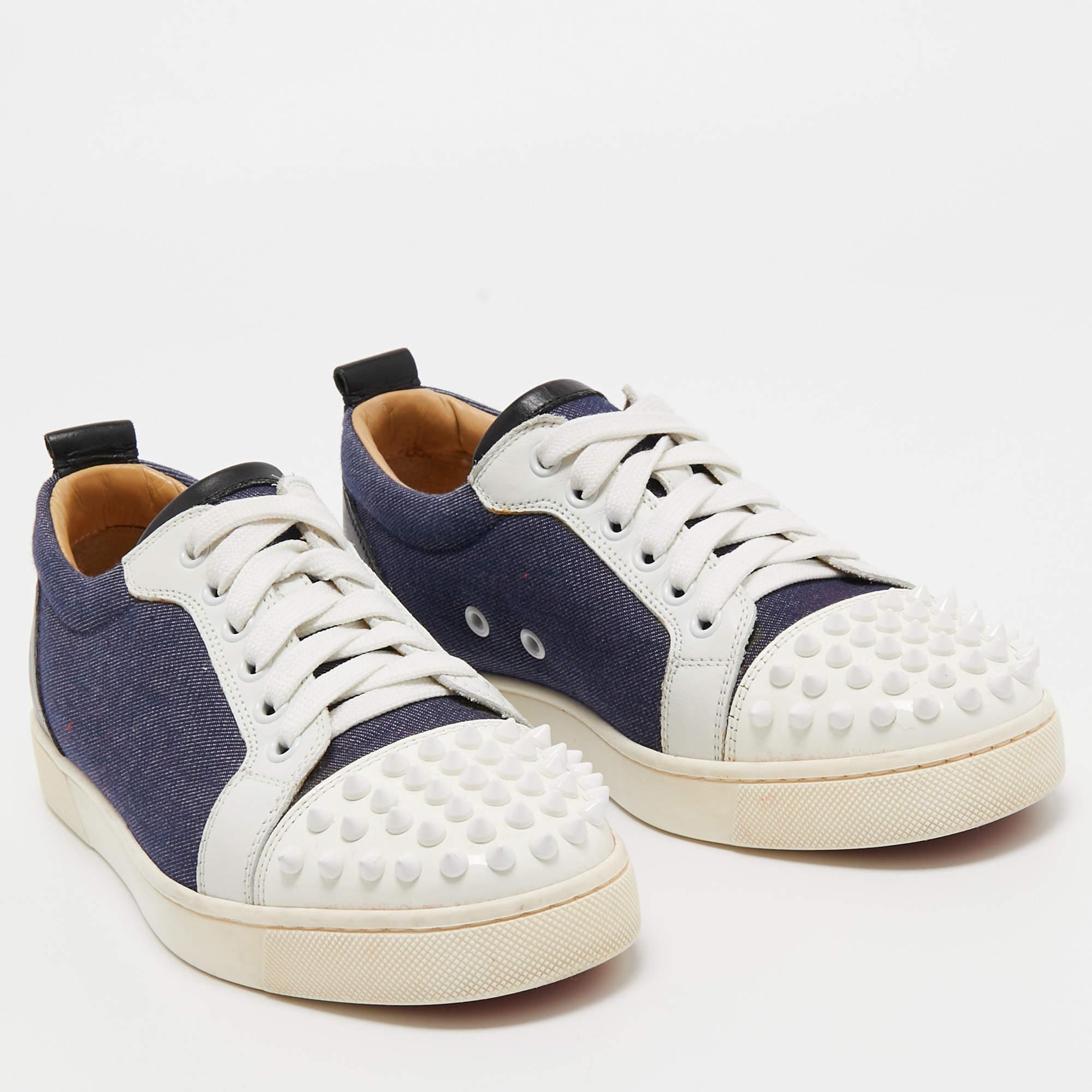 Christian Louboutin Blue/White Denim and Leather Spikes Low Top Sneakers Size 37 For Sale 2