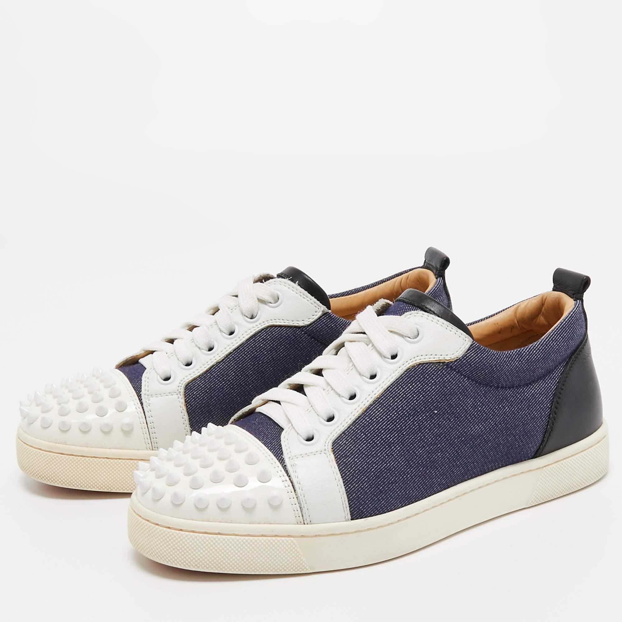 Christian Louboutin Blue/White Denim and Leather Spikes Low Top Sneakers Size 37 For Sale 3