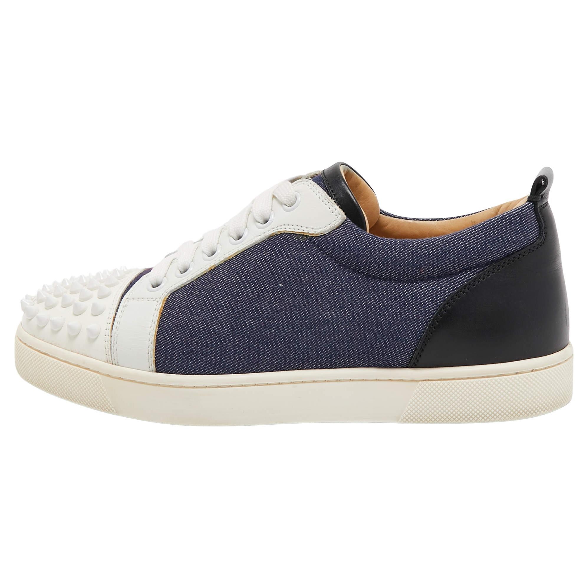 Christian Louboutin Blue/White Denim and Leather Spikes Low Top Sneakers Size 37 For Sale