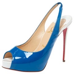 Christian Louboutin Blue/White Patent And Leather Private Number Peep Size 37.5