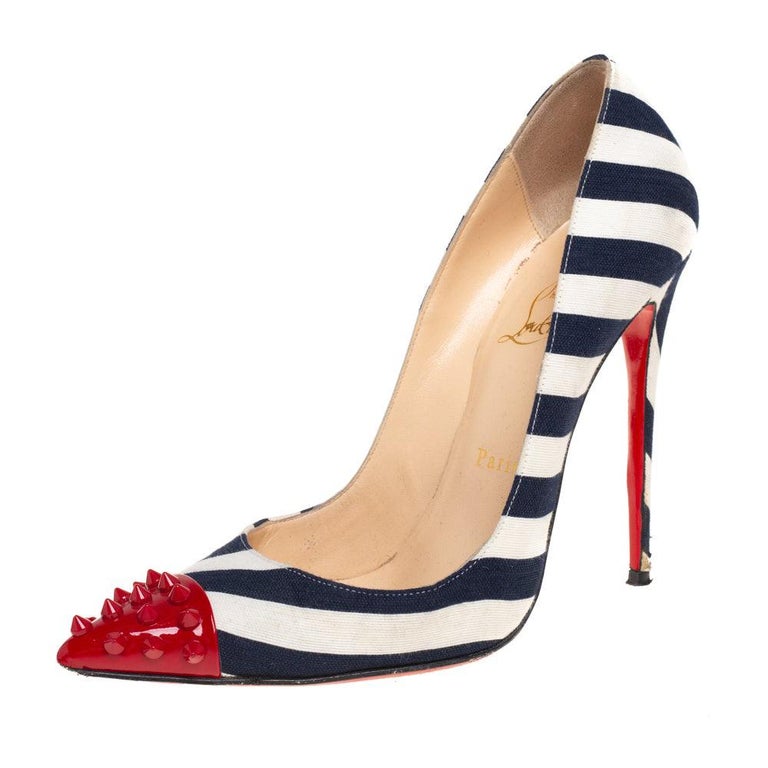 Christian Louboutin Blue/ White Patent Leather Striped Spike Size 38.5 ...