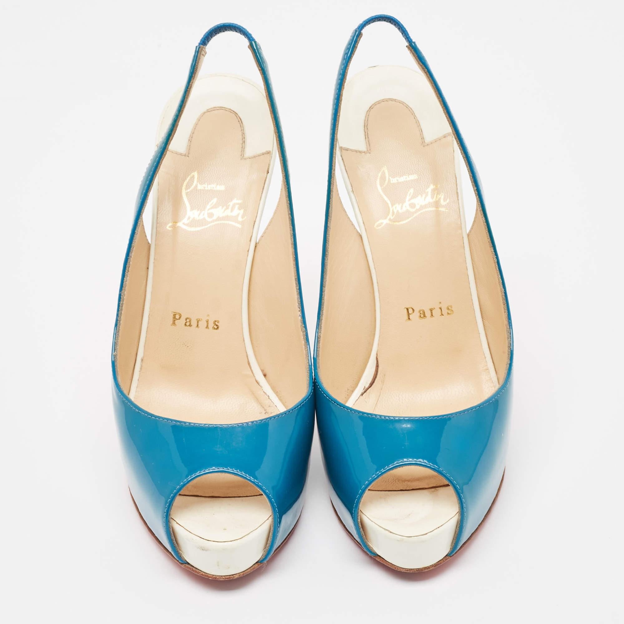 Christian Louboutin Blue/White Patent Private Number Pumps Size 37 In Good Condition In Dubai, Al Qouz 2