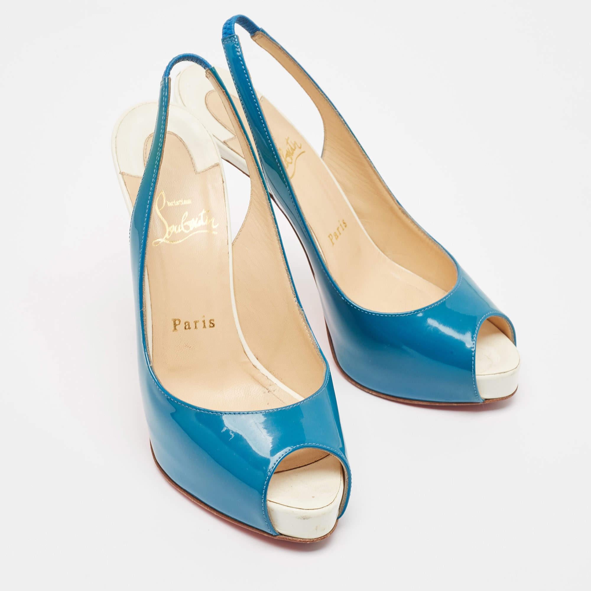 Women's Christian Louboutin Blue/White Patent Private Number Pumps Size 37