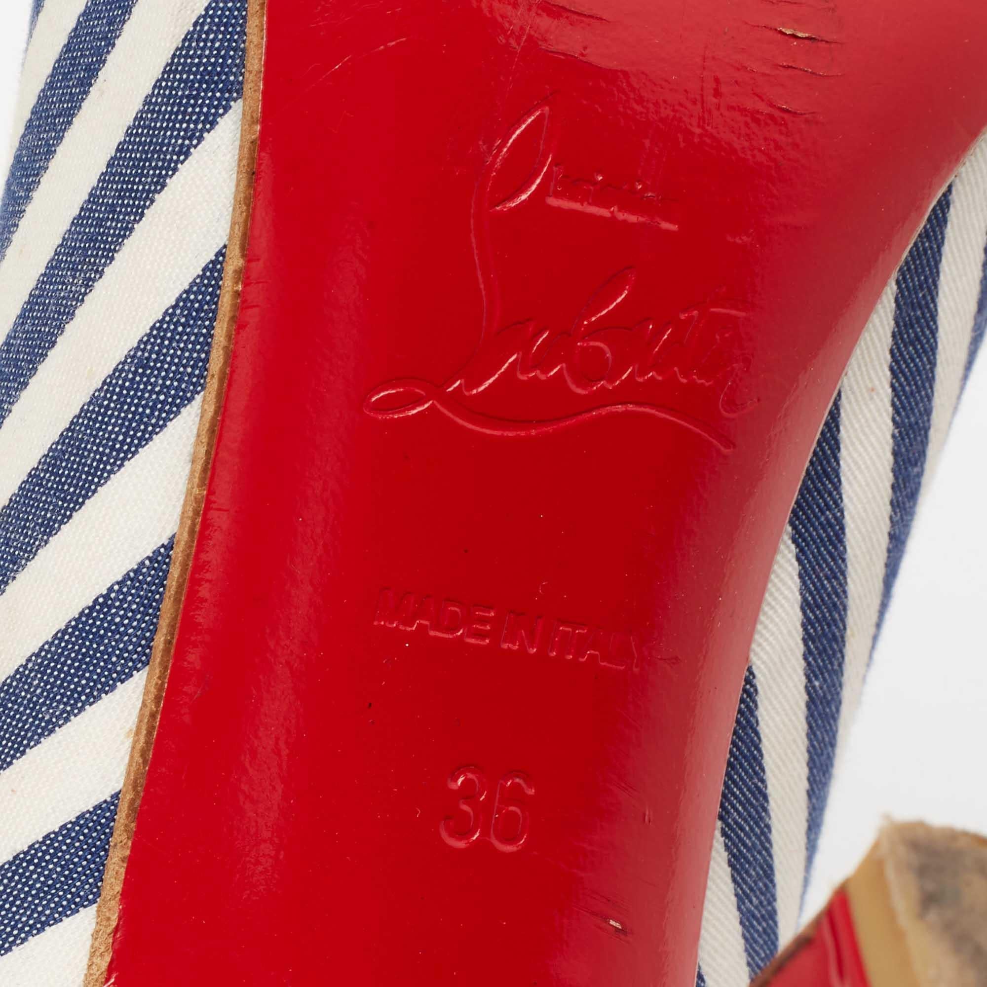 Christian Louboutin Blue/White Stripe and Leather Peep-Toe Ankle Boots Size 36 In Good Condition In Dubai, Al Qouz 2