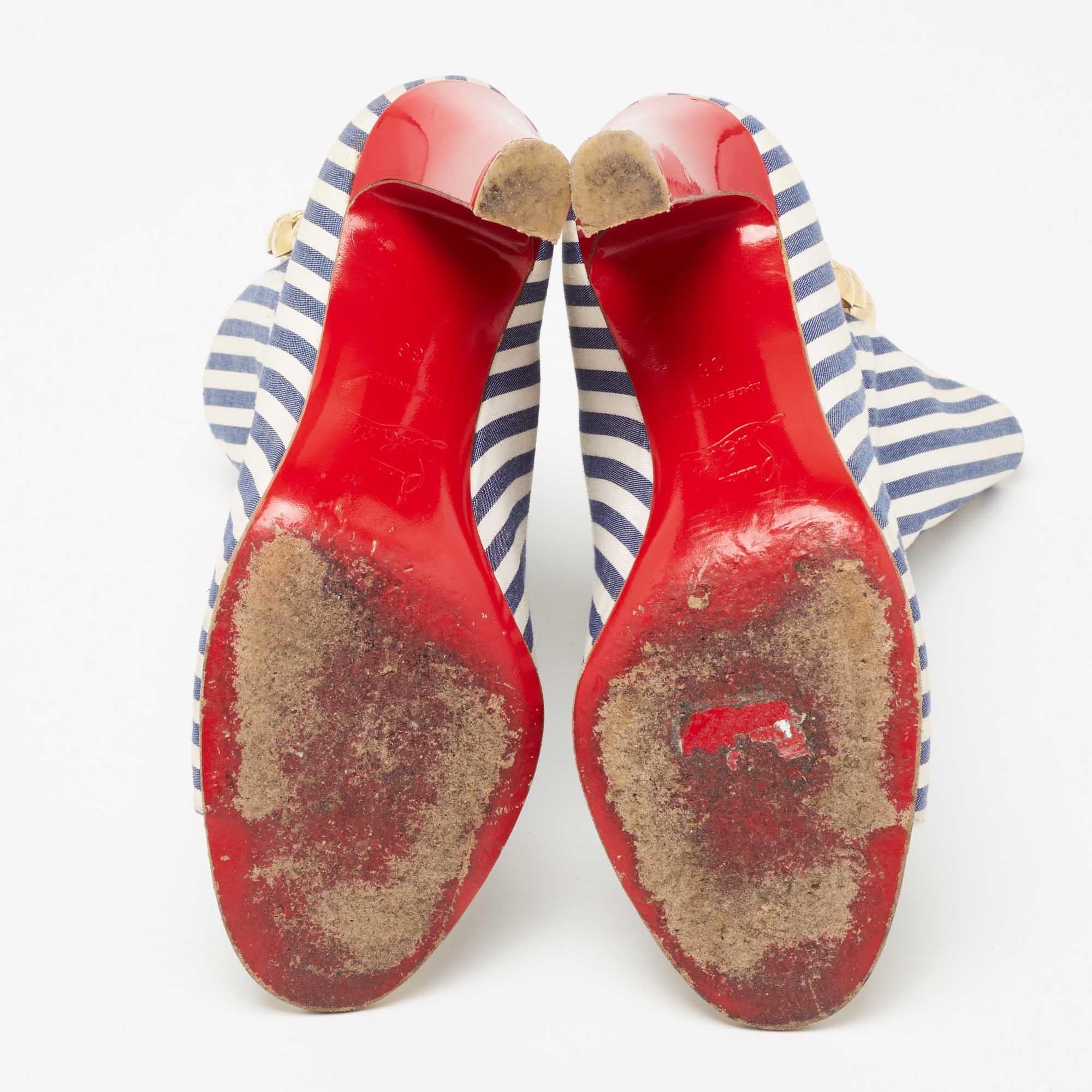 Women's Christian Louboutin Blue/White Stripe and Leather Peep-Toe Ankle Boots Size 36