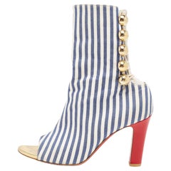 Christian Louboutin Blue/White Stripe and Leather Peep-Toe Ankle Boots Size 36