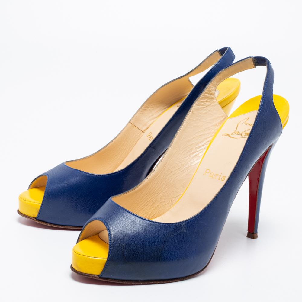 Christian Louboutin Blue/Yellow  No Prive Peep-Toe Slingback Sandals Size 41 In Good Condition In Dubai, Al Qouz 2