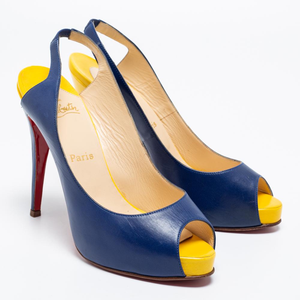 Women's Christian Louboutin Blue/Yellow  No Prive Peep-Toe Slingback Sandals Size 41