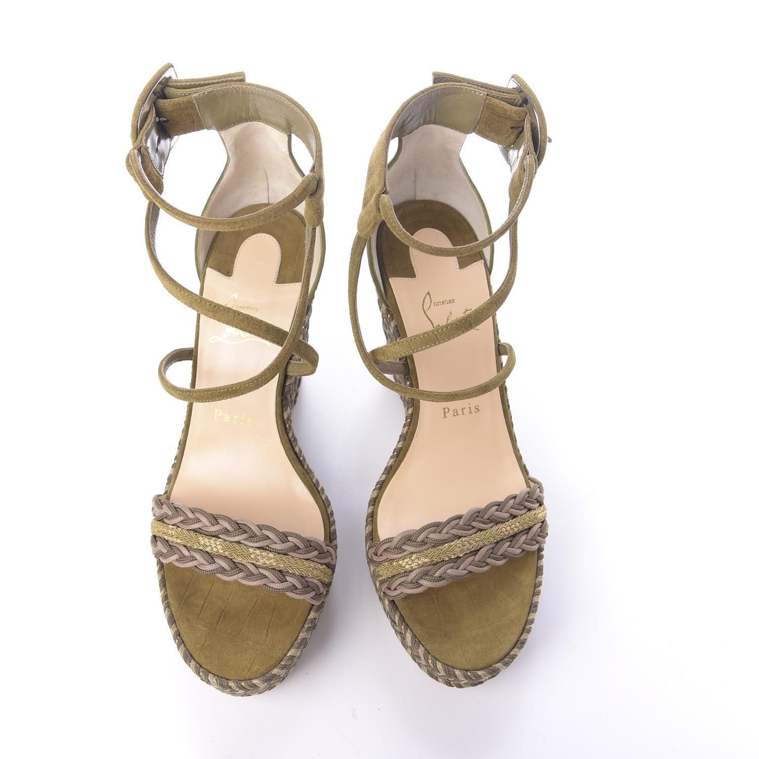 Brown Christian Louboutin Bodrum 110 Green Tea Wedge Sandals Sz 36 For Sale