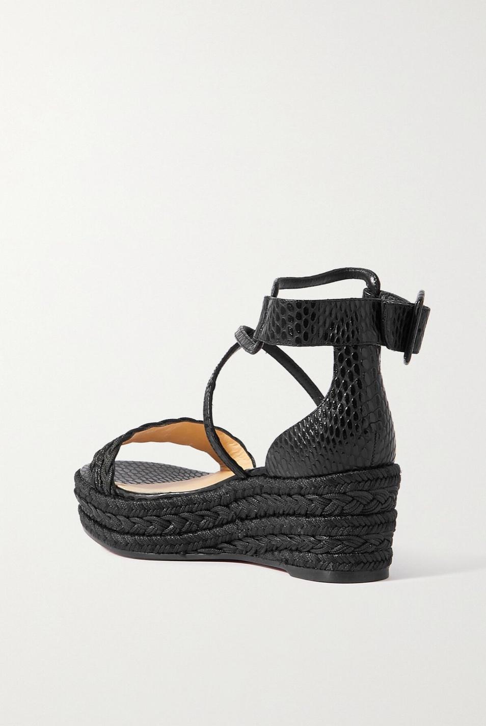 Christian Louboutin Bodrum 60 Black Leather Wedge Sandal Sz 38 In New Condition For Sale In Paradise Island, BS