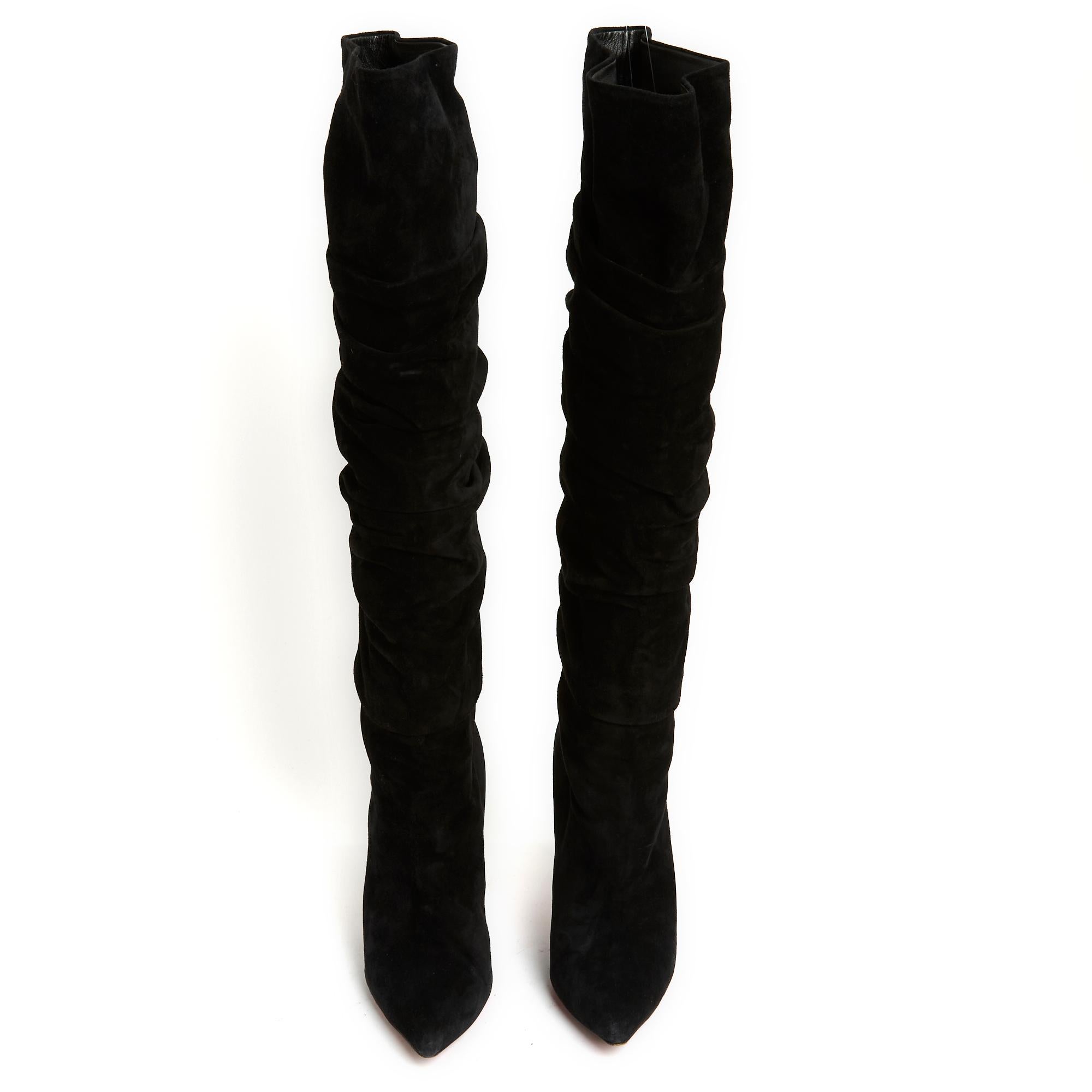 Christian Louboutin Ishtar Haute boots in draped black suede, stiletto heel, pointed toe, leather lining and outsole. Size EU39 or UK6 or US8.5, 10.5 cm heel. The boots have been worn but are in very good condition.