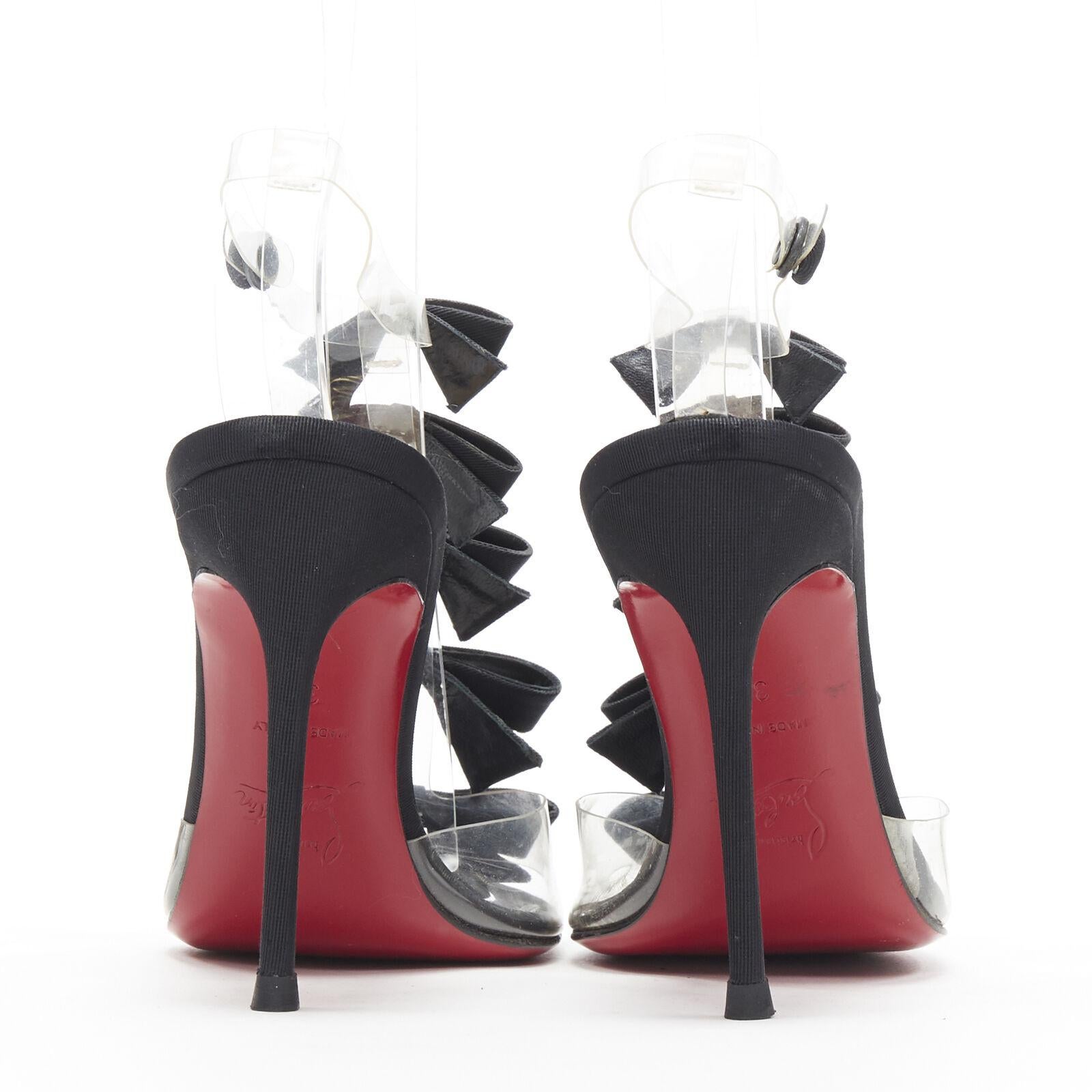 Women's CHRISTIAN LOUBOUTIN Bow Bow black grosgrain ribbon PVC t-strap sandal heels EU36 For Sale