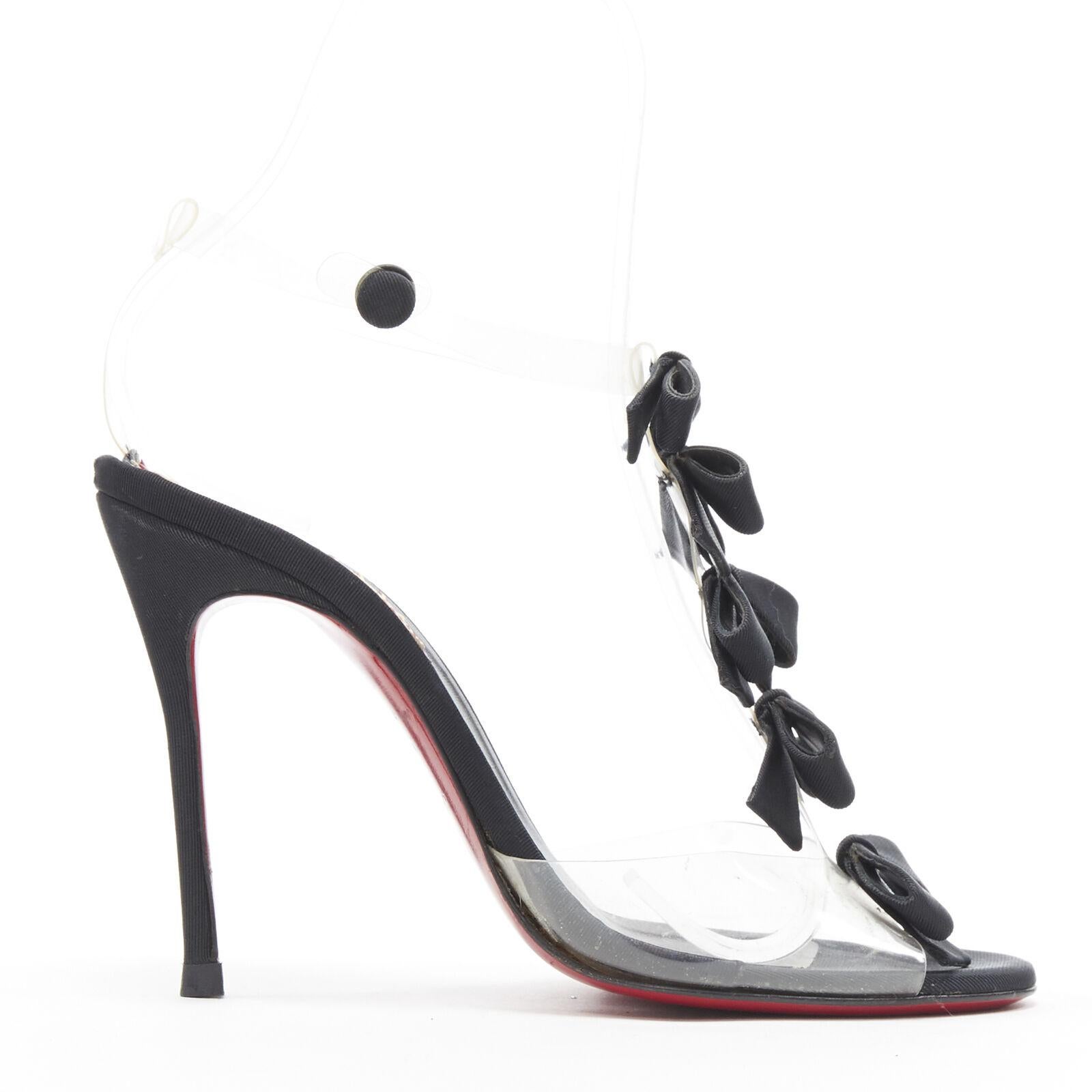 CHRISTIAN LOUBOUTIN Bow Bow black grosgrain ribbon PVC t-strap sandal heels EU36 For Sale