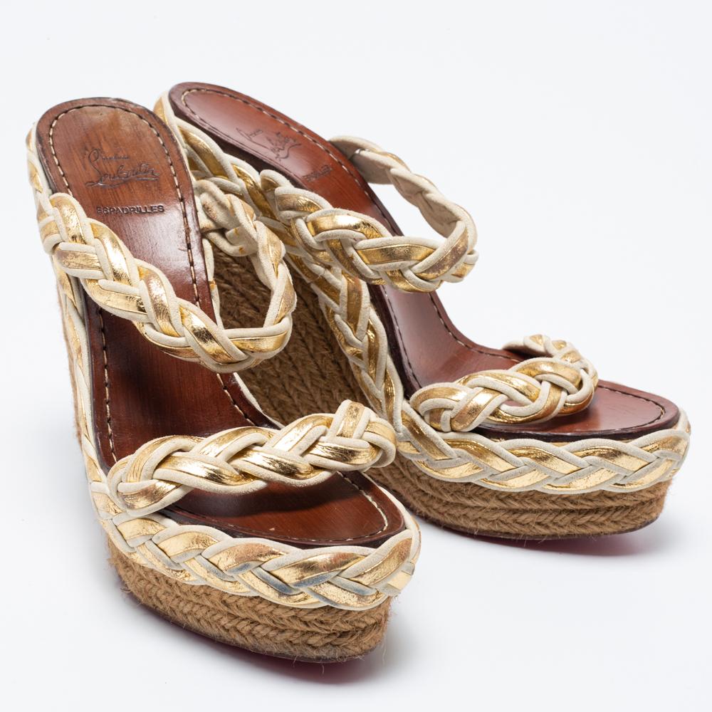 Brown Christian Louboutin Braided Leather and Suede Espadrille Wedge Sandals Size 38 For Sale