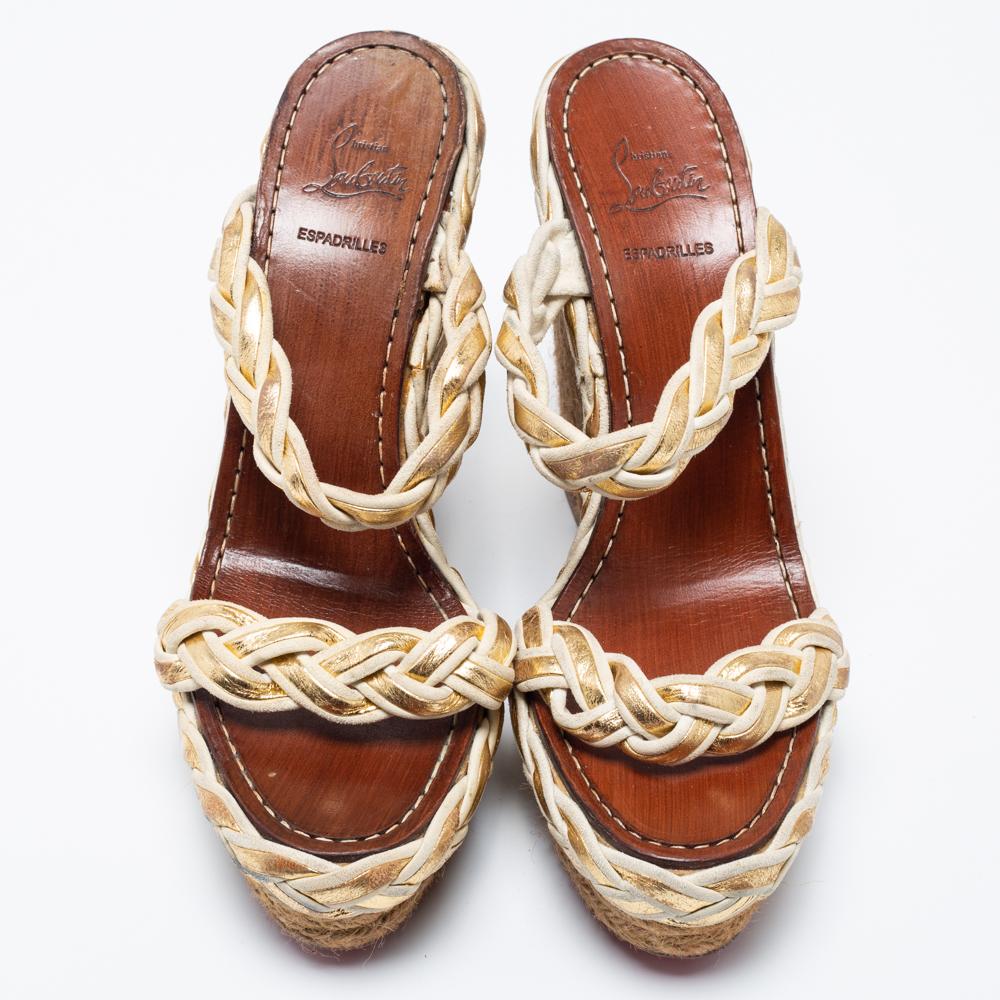 Christian Louboutin Braided Leather and Suede Espadrille Wedge Sandals Size 38 In Good Condition For Sale In Dubai, Al Qouz 2