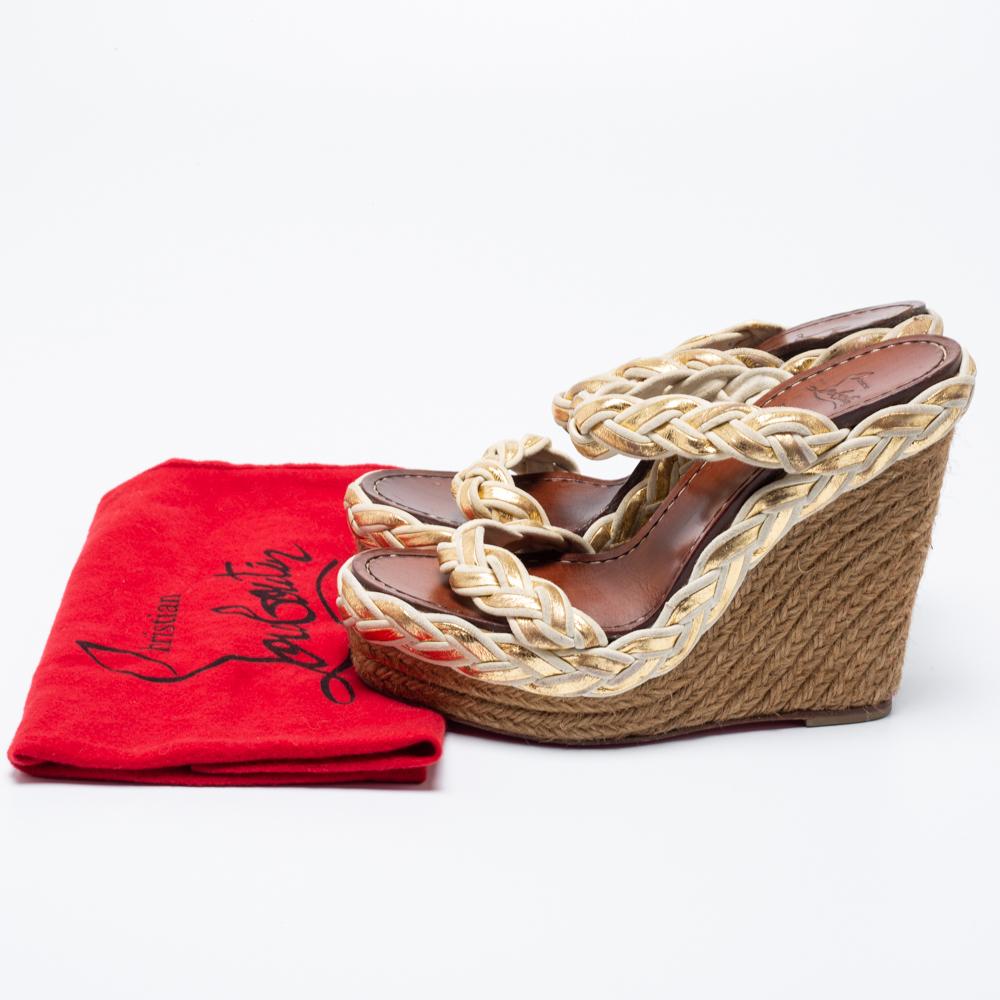 Christian Louboutin Braided Leather and Suede Espadrille Wedge Sandals Size 38 For Sale 2