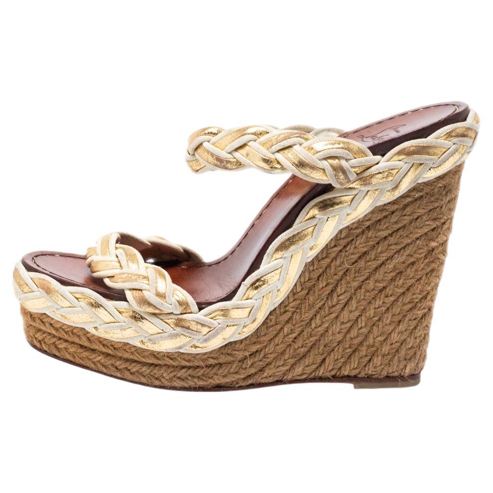 Christian Louboutin Braided Leather and Suede Espadrille Wedge Sandals Size 38 For Sale