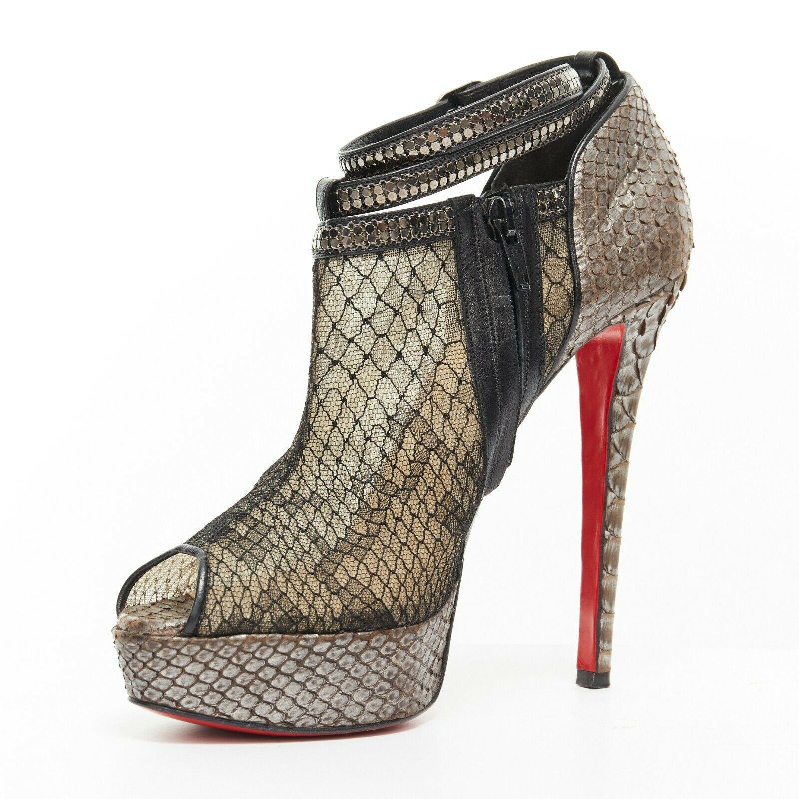 Black CHRISTIAN LOUBOUTIN Brigette 140 black mesh lace python platform bootie EU38