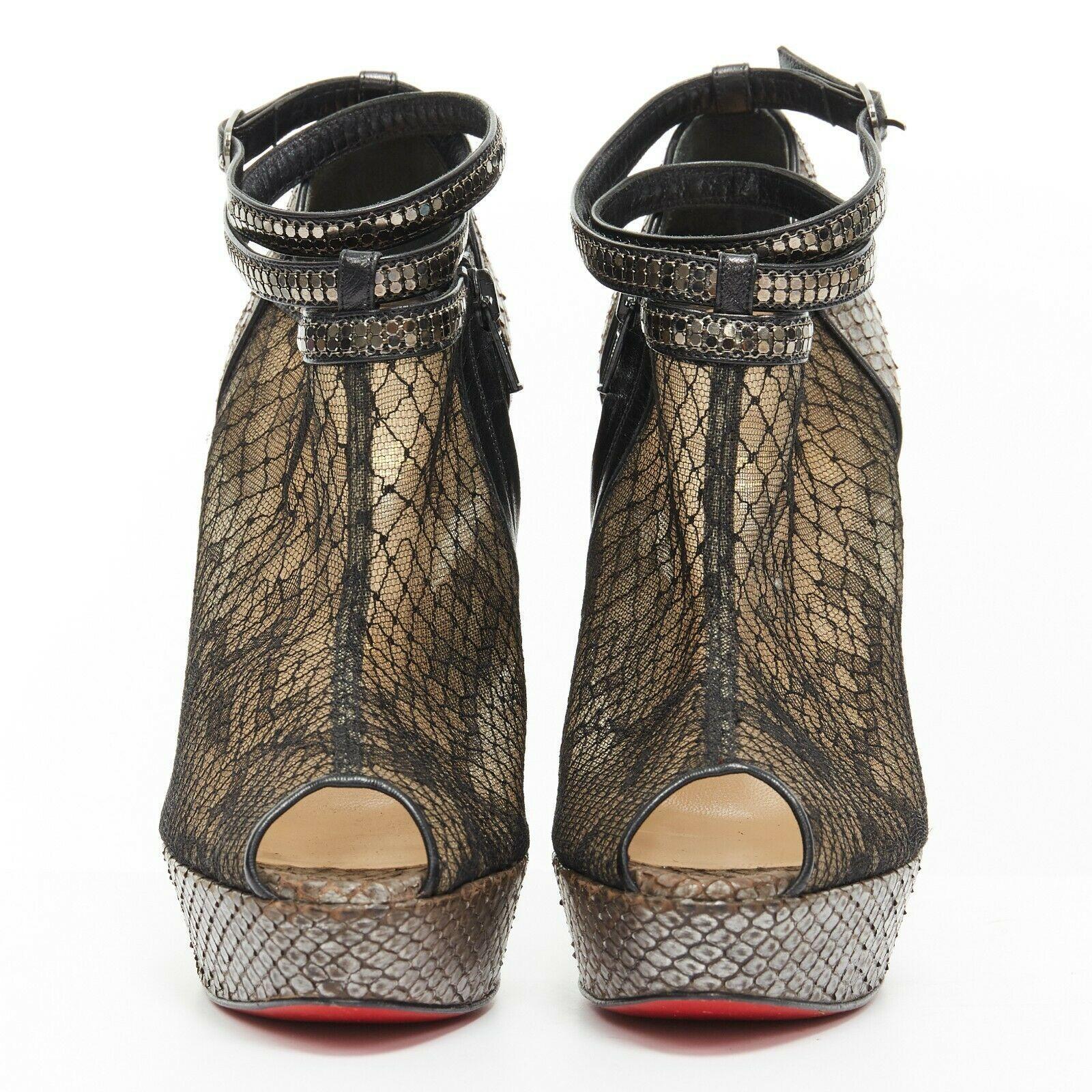 CHRISTIAN LOUBOUTIN Brigette 140 black mesh lace python platform bootie EU38 In Excellent Condition In Hong Kong, NT