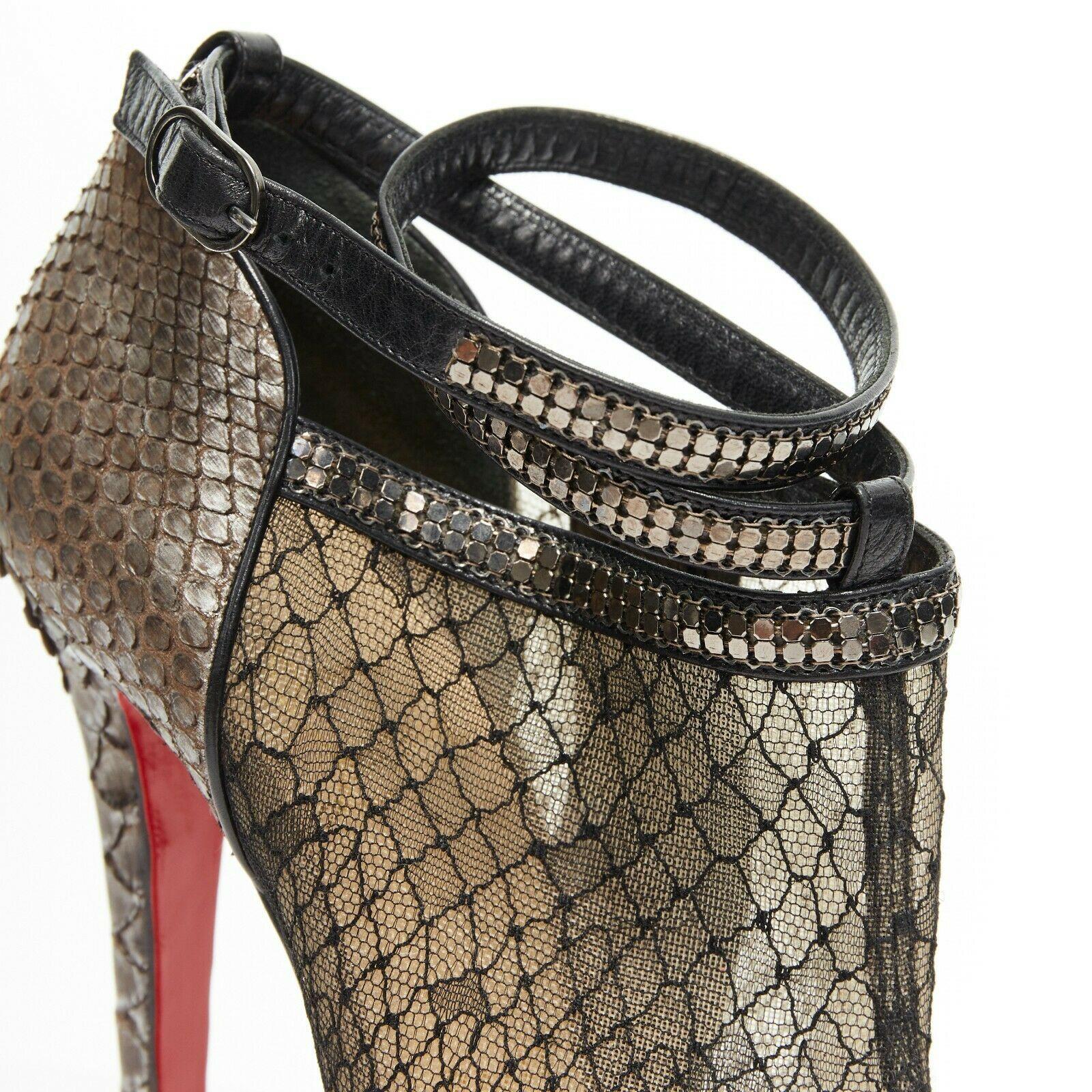 CHRISTIAN LOUBOUTIN Brigette 140 black mesh lace python platform bootie EU38 4