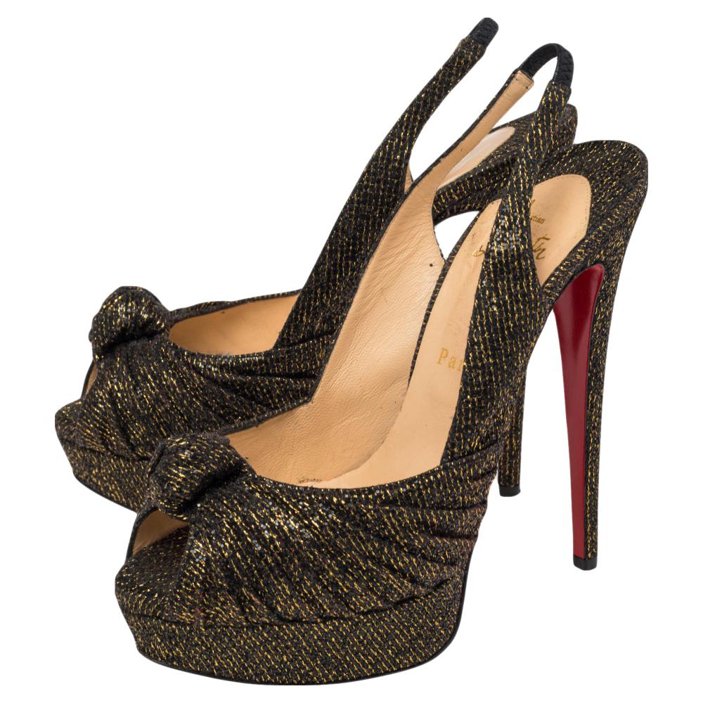Black Christian Louboutin Bronze Lurex Fabric Knotted Peep Toe Pumps Size 39.5 For Sale