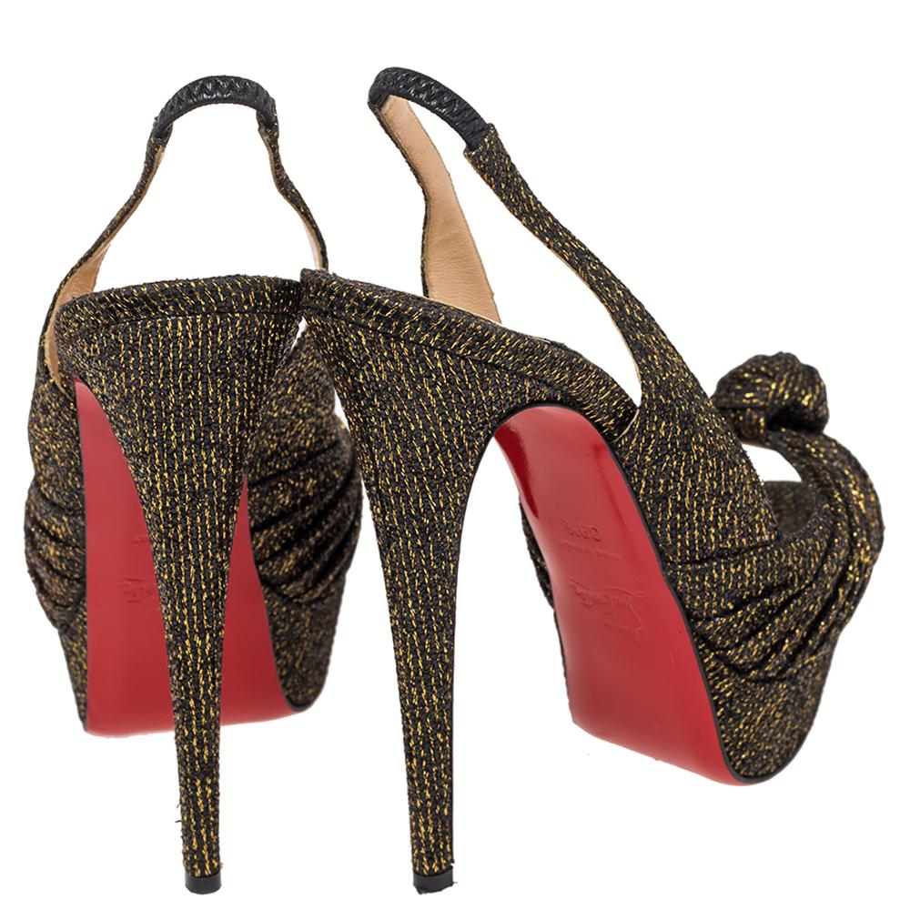 Women's Christian Louboutin Bronze Lurex Fabric Knotted Peep Toe Pumps Size 39.5 For Sale