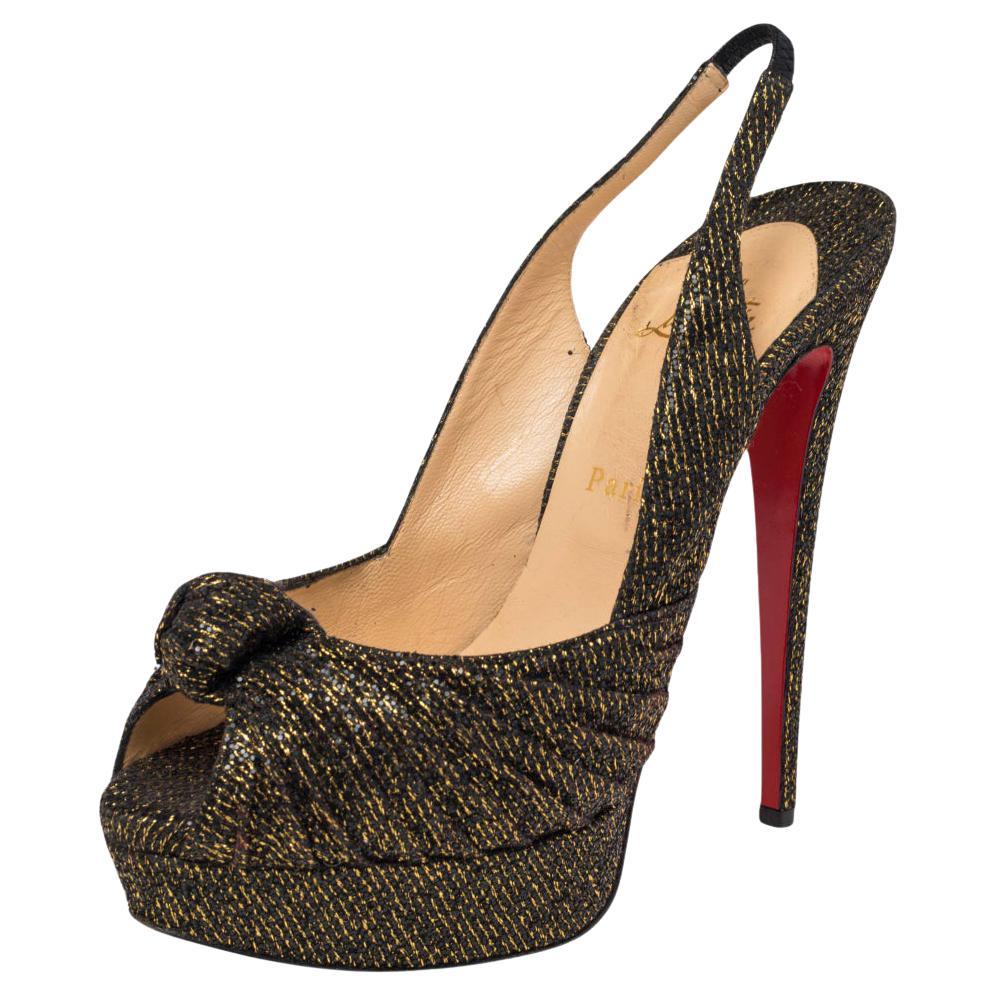 Christian Louboutin Bronze Lurex Fabric Knotted Peep Toe Pumps Size 39.5 For Sale